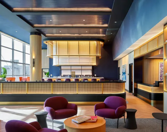 Main sitting area and bar at the Etihad Lounge at Dulles Airport